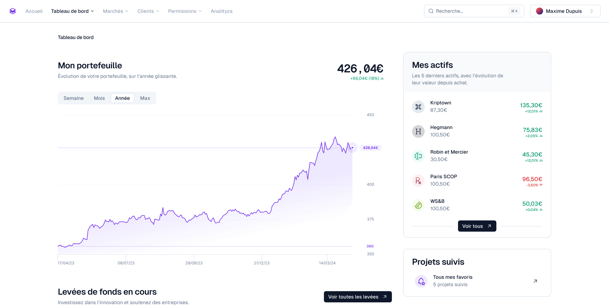 Capture d'écran de l'interface utilisateur de l'application Lise permettant de suivre ses investissements.