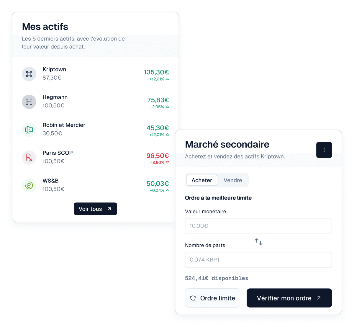 Éléments de l'application permettant d'acheter et de vendre des actions d'entreprises non cotées en bourse.